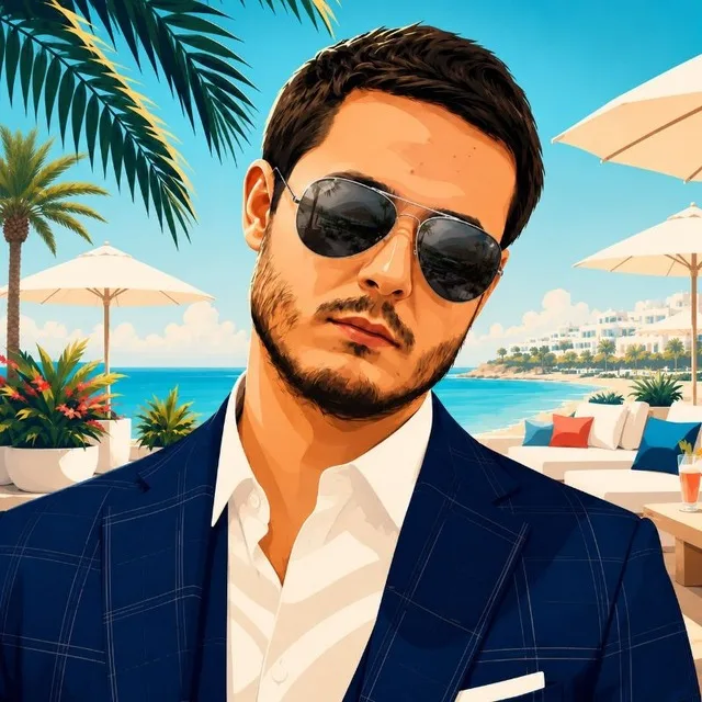 Illustrated portrait of Veniamin Mylnikov by the sea