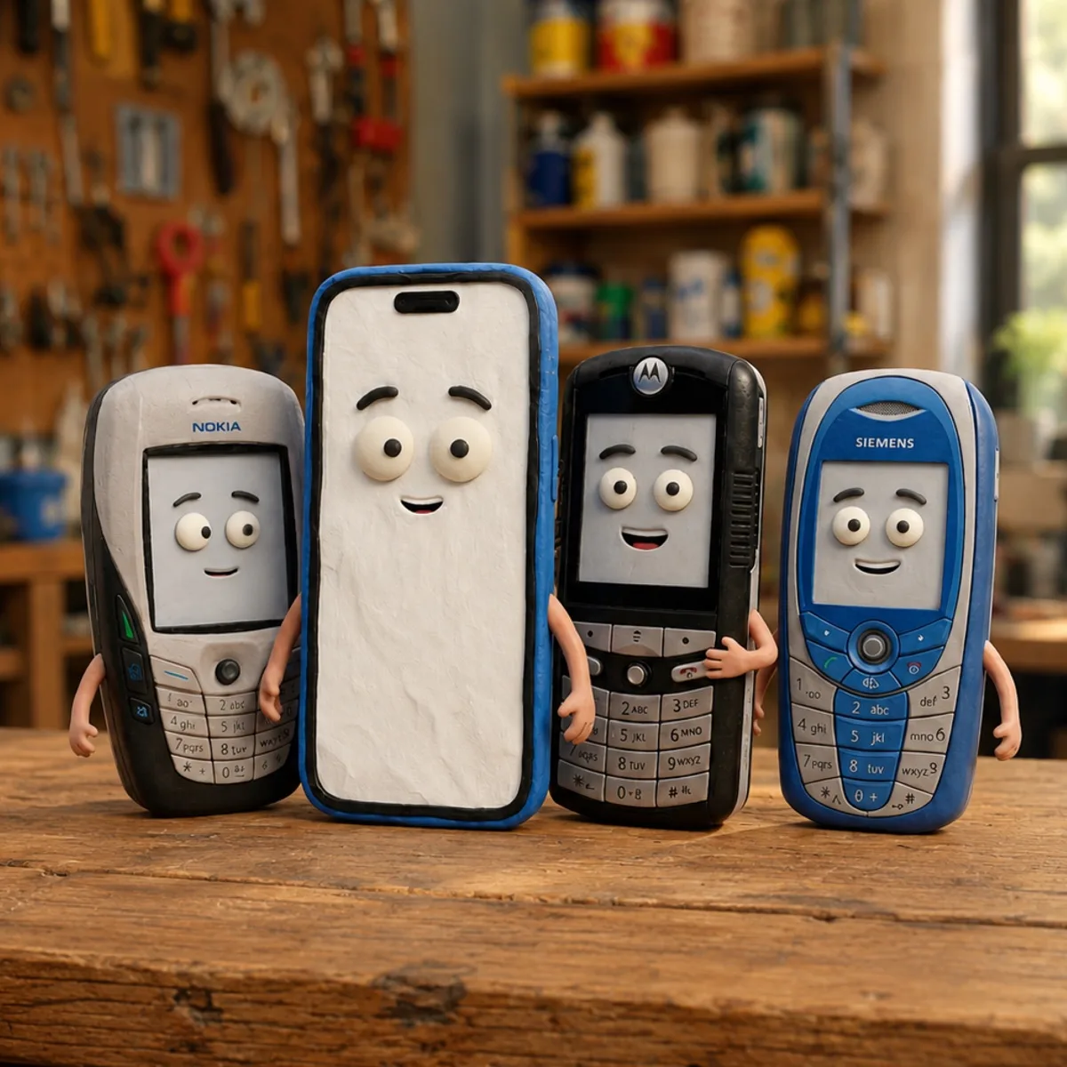 Clay old mobile phone characters standing together in a workshop